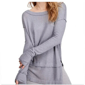 Free People Relaxed Waffle-Knit Long Sleeve Top in Light Gray